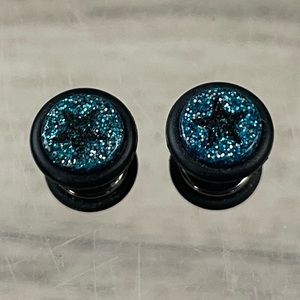 Earrings Blue Sparkle Black Star Fake Tapers And Plugs Acrylic 18G